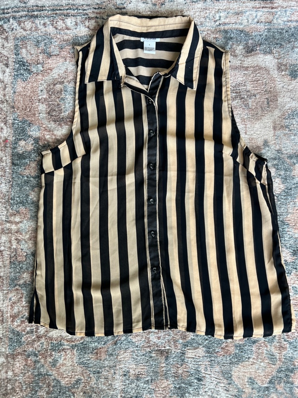 Black and Beige Vertical Stripe Sleeveless Collared Button-Up Top